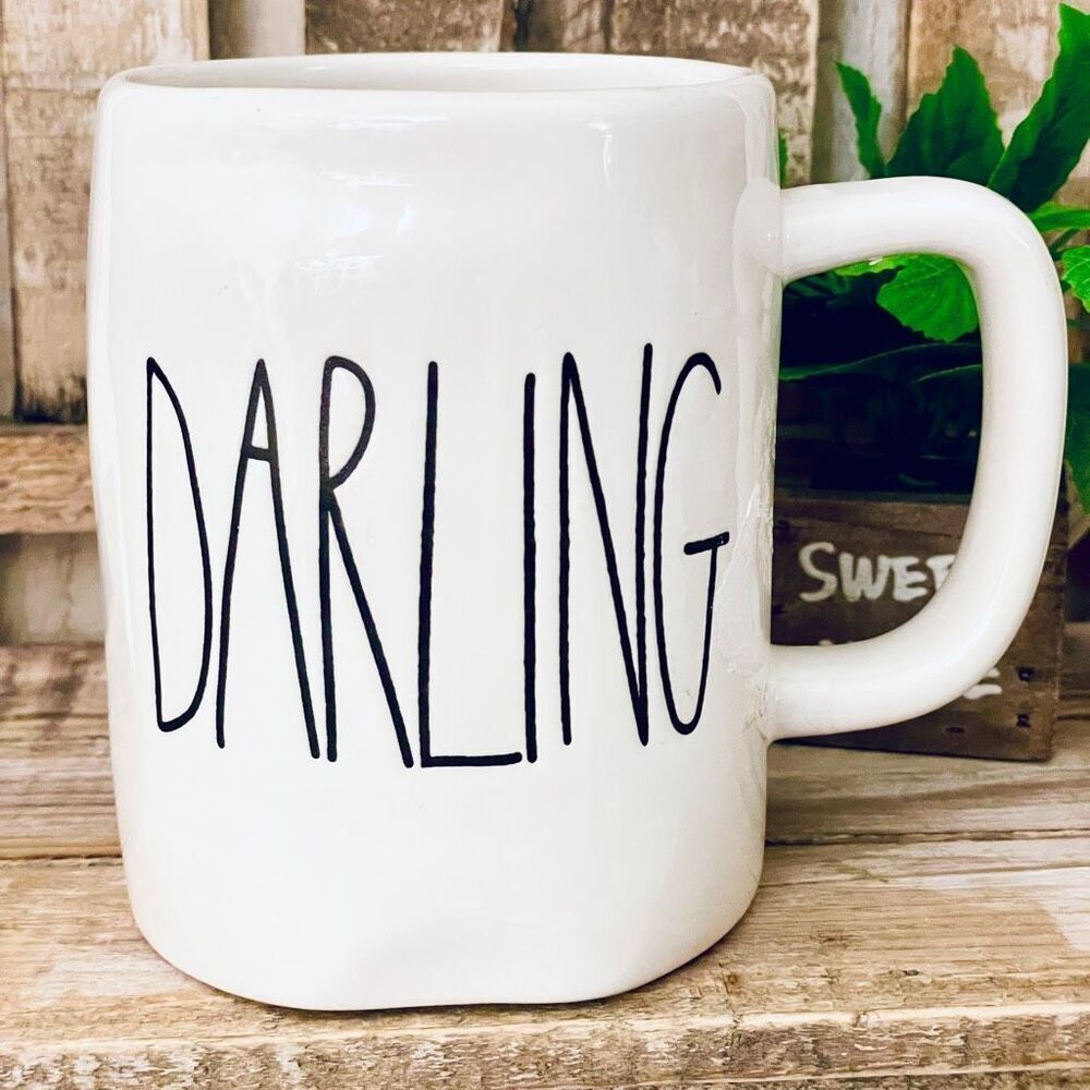 New Rae Dunn Gorgeous “DARLING”  White & Black Letters Glossy Ceramic Mug